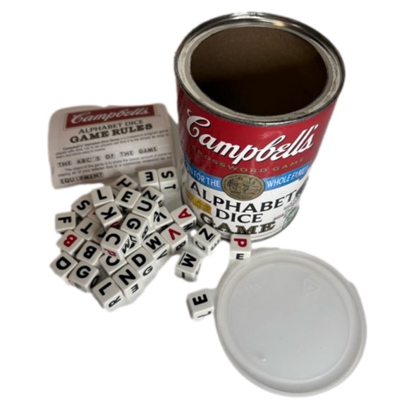 Campbells Alphabet Dice Game Crossword Family Table Camping large Soup Can - Picture 2 of 7